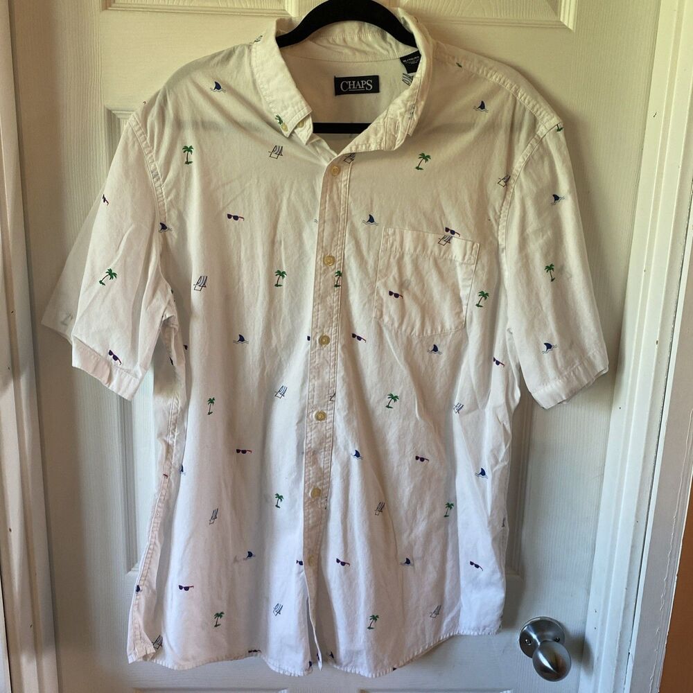 Chaps Mens Button Up XL Shirt Short Sleeve Vacation Beach Palm Trees Sunglasses